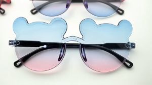 [Ready Stock+COD] Kids Sunglasses UV Protection Bear One-Piece Frame Childrens Sunglasses Gradient Color Rimless Cartoon Baby Glasses Bear Ears Shape Sunglasses