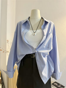 เสื้อเชิ้ตคอโปโลแขนยาวหลวมๆ สีฟ้าอ่อนสำหรับผู้หญิง ฤดูใบไม้ผลิและฤดูใบไม้ร่วง สไตล์เกาหลี เสื้อเชิ้ตทำงานลำลองสำหรับใส่ไปทำงาน