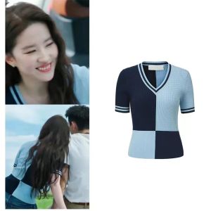 Go to a Place with Wind Liu Yifei Same Style Wear Xu Red Bean V-neck Color Matching Knitted Ice Silk Short sleeve Sweet Top