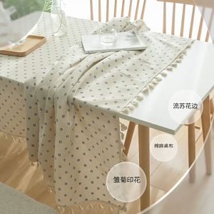 Blue Rose and Daisy Print Garden Cotton Linen Tablecloth Elegant Vintage Washable Fabric Mantel Rectangular Dining Table Cover