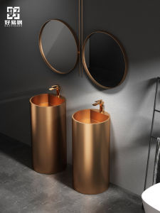 Stainless Steel Column Style Washing Basin Integrated Bar Handwashing Counter Hotel Bathroom Floor Standing round Column Basin