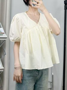Basic Short Sleeve 4440V Collar Pullover Pure Color Summer Shirt Womens Casual Top Versatile Loose Fit Regular Length