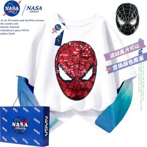 NASA Collaborative Spider-Man Color-Changing Flip Ice Sleeve Sunscreen Cotton T-Shirt for Boys Summer Trendy Cool Standard Fit