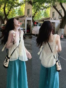 XUECAIQI | French Sweet Ears V-Neck Sleeveless Slim Fit Outfit Set