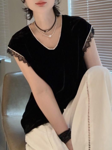 Shalldoer | Lace Splicing Beaded Design Short Sleeve T-Shirt Womens Fashionable Summer Top Light Luxury Style Korean Version Straight Cut