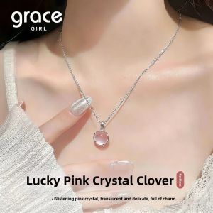 Grace Girl | Four Leaf Clover Pink Crystal Silver Necklace