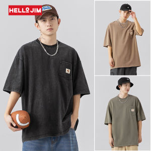 HELLO JIM Vintage t shirt with Pocket for men 2023 new style Oversize T Shirt men 100% cotton wash old tshirt  K1771