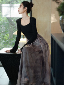 New 2024 Chinese Style Retro Black Knitted Dress Slimming Long Gown High Waist Velvet Polyester Fiber Summer Commute Fashion
