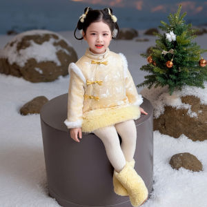 Princess Style Fleece Lined New Year Dress for Girls Birthday Celebration Chinese New Year Outfit Childrens Clothing Skirt
