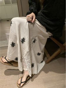 Váy Midi Thêu Vải Lanh Phong Cách Pháp Cổ Điển Cho Nữ Mùa Hè Váy Chữ a Xếp Ly Dài Váy Chữ a Xếp Ly Ren Dài