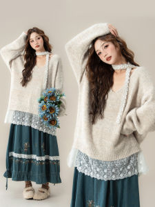 Áo Sweater Cổ V Thêu Ren Rộng