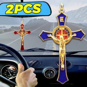 2PCS Saint Benedict Cross Car Pendant Jesus Christ Prayer Alloy Keychain Home Car Spiritual Hanging Decor