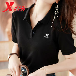 XTEP Womens Short Sleeve T-Shirt Casual Breathable Black Polo Shirt Sporty Flip-Collar Moisture-Wicking Quick-Drying Cotton Polyester
