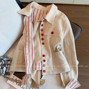 Áo Khoác Vải Lanh Kẻ Sọc Cổ Điển Mỹ Cho Nữ Mùa Thu 2025 Áo Khoác Ngắn Đa Năng Thời Trang Thường Ngày Chống Gió