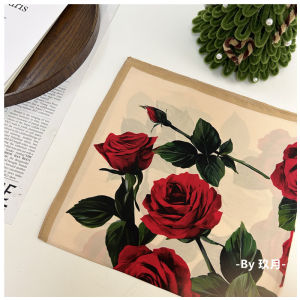 French Romantic Idle Style Mulberry Silk Ins Rose Flower Temperament Wild Silk Small Silk Scarf Small Square Towel Hair Band
