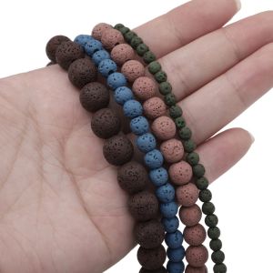 4/6/8/10มม. ลาวาธรรมชาติสำหรับสร้อยข้อมือ ลูกปัดกลม ลูกปัดหิน สำหรับทำเครื่องประดับ 15 คอลูกปัด 38 ซม