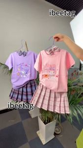 Sanrio Kuromi Melody Cinnamoroll เสื้อยืดและ JK ชุดเดรสเจ้าหญิงลายสก็อต 2ชิ้นพร้อมโบว์ผูกชุดชุดงานปาร์ตี้คอสเพลย์เด็กผู้หญิง