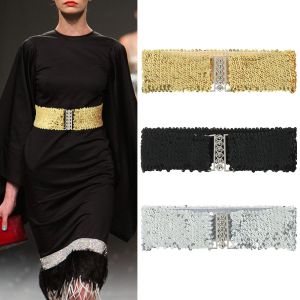 QIANHUAHOU Fashion Casual Cinch Ladies Dress Cummerbands Metal Buckle Waistband Belly Waist Band Sequin Wide Elastic Belt