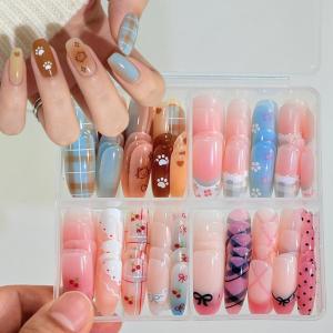 120Pcs Kawaii French Plaid Polka Dots Fake Nails Medium Oval Press On Nail Tips Spring Flower Cherry Wearable False Fingertips