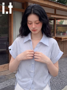 FINGERCROXX | Summer Slim-fitting Irregular Short Sleeve Blue Checked Shirt Drawstring Design