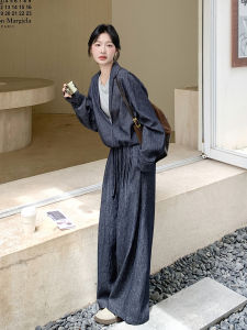 Casual Style Two-Piece Set Womens Wide Leg Pants Top Bottom Matching Autumn New Fashion Ensemble Dark Blue Versatile Leisure Wear