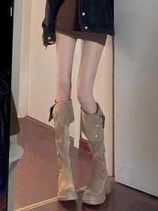 Over-Knee Velvet Long Boots Women Thick Heel 8cm Autumn Winter New Style Merald Two-Way Fold High-Tube Boots Fashionable Rain Boots