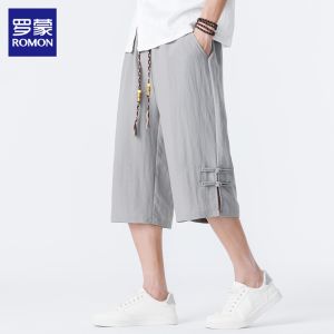 ROMON | Cotton Mens Casual Shorts Breathable Loose Straight Cut New Chinese Style Frog Buttons Lightweight