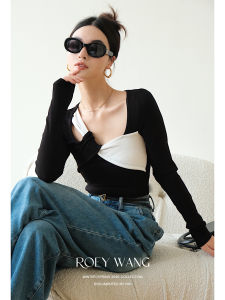 เสื้อยืดถักแขนยาวผูกโบว์ผีเสื้อคอต่ำ ทรงสลิมฟิต แขนยาว ผ้าฝ้ายผสมโพลีเอสเตอร์ ความยาวปกติ ฤดูใบไม้ผลิ ฤดูร้อน