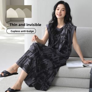 Miiow | Pure Cotton Breathable Sleeveless Midi Nightgown Womens Summer Home Clothes Sleepwear Catman Comfortable Underwear Padded Chest