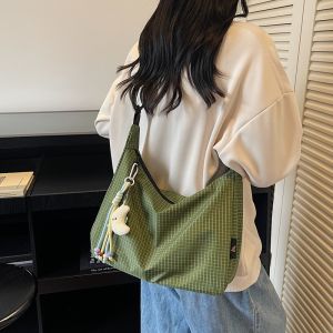 Large Capacity Plaid Canvas Tote Bag Korean Lazy Style Commuter Bag for Class Casual Simple Style Nylon Fabric Shoulder Bag