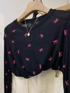 Plus Size Ladies Plus Size Slim Looking Bows Thin Long Sleeves Tops Female 150.00kg Early Autumn Loose Youthful-Looking Casual All-Match T-shirt