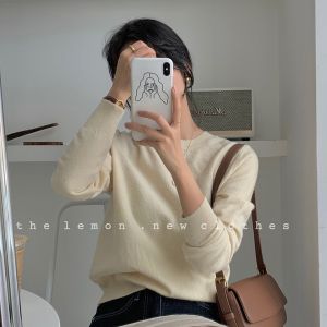 Thin Knitted Lemon Milk Pear Color Shoulder round Neck Womens Korean Style Pure Color Autumn Season All-Match Knitted Base Shirt