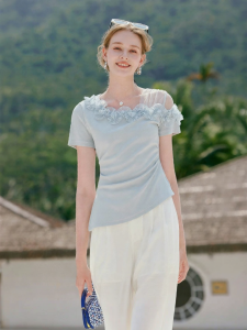 XIANGYING | Lace and Mesh Lace-up Peplum Waist Short Sleeve Top