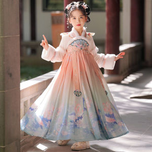 Autumn Winter Girls Hanfu Style Fleece Lined Princess Dress Childrens New Year Visit Clothing Belted Skirt Pure Color