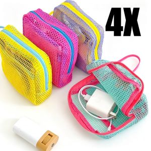 4Pcs Travel Mesh Cosmetic Bag / Bright Dopamine Hue Visible Toiletry Pouch / Lightweight Portable Zipper Storage Handbag