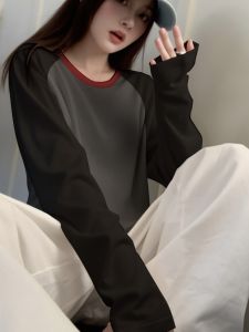 Áo Thun Dài Tay Màu Xám Cổ Điển Cho Nữ Mùa Thu Mới Rộng Rãi Phong Cách Lười Biếng Dài Vừa Phải Nối Màu Áo Thun Cotton