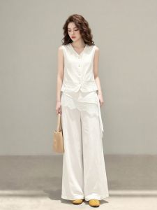Elegant White Vest and Wide Leg Pants Set