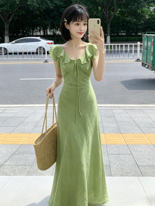 HUIFUXUAN | French Style Green V-Neck Short Sleeves Dress Small Fit