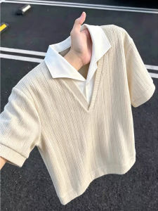 ZHUOCAN | Almond Color Ears of Wheat Pattern Cleanfit Faux Two-Piece T-shirt