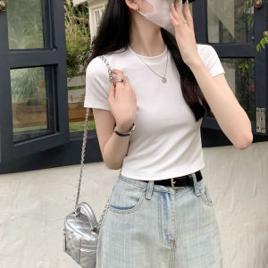 เสื้อยืดแขนสั้นทรงเข้ารูปผ้าฝ้ายแท้สำหรับผู้หญิง สีขาว ทรงเข้ารูป ทรงเข้ารูป เอวสูง ทรงเข้ารูป ฤดูร้อน 2025 ใหม่