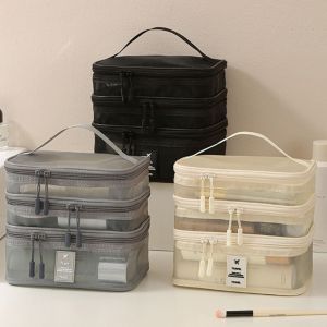 OWTWO 3 Layer Cosmetic Bag Large Capacity Multifunctional Make Up Organizer Bag  Transparent Mesh Toiletry Storage Bag Women
