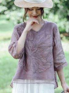 QIAOXIZI | V-Neck Double-Layer Embroidered Cotton Linen Shirt for Plus Size Women