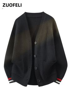 ZUOFEILI | College Style Mens V-Neck Knit Cardigan Loose Fit