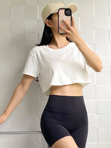 Loose Short Sleeve Womens Crop Top T-Shirt Quick Dry Breathable Fitness Gymnastics Yoga Sportswear Running Ultra Elastic Nylon