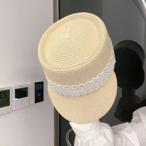 Spring New Lace Flat Top Straw Hat Womens New Summer Equestrian Sunshade Hat Outing Sun Hat Wide Brim Casual Style