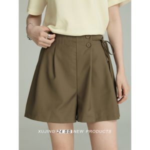 กางเกงขาสั้นผู้หญิงทรงหลวมสีน้ำตาล ดีไซน์ผูกข้าง กางเกงขายาวทรงตรงเอวสูง ผ้าโพลีเอสเตอร์ 2024 ฤดูร้อน กางเกงขายาวทรงตรง