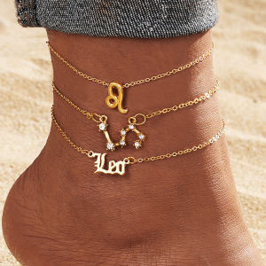 Gold Alloy Zodiac Constellation Multi-Layered Womens Ankle Bracelets Set Fashion Jewelry with Embedded Diamonds