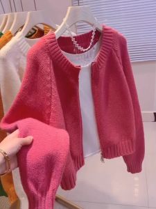 Pink Short Knitted Sweater Coat Womens Spring 2026 New Loose Casual Outerwear Zipper Open Cardigan Soft Long Sleeve Thermal