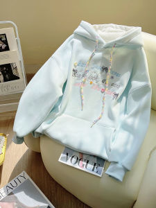 Fleece Lined Hoodie Sweatshirt Womens Oversize Comfortable Cotton Long Sleeve Letter Embroidery Blue Color for High School Students