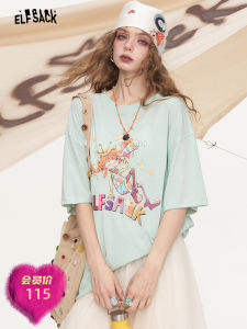 Earmuff Print T-Shirt Womens Summer Loose Design Short Sleeve round Neck Cotton Polyester Blend Casual Top